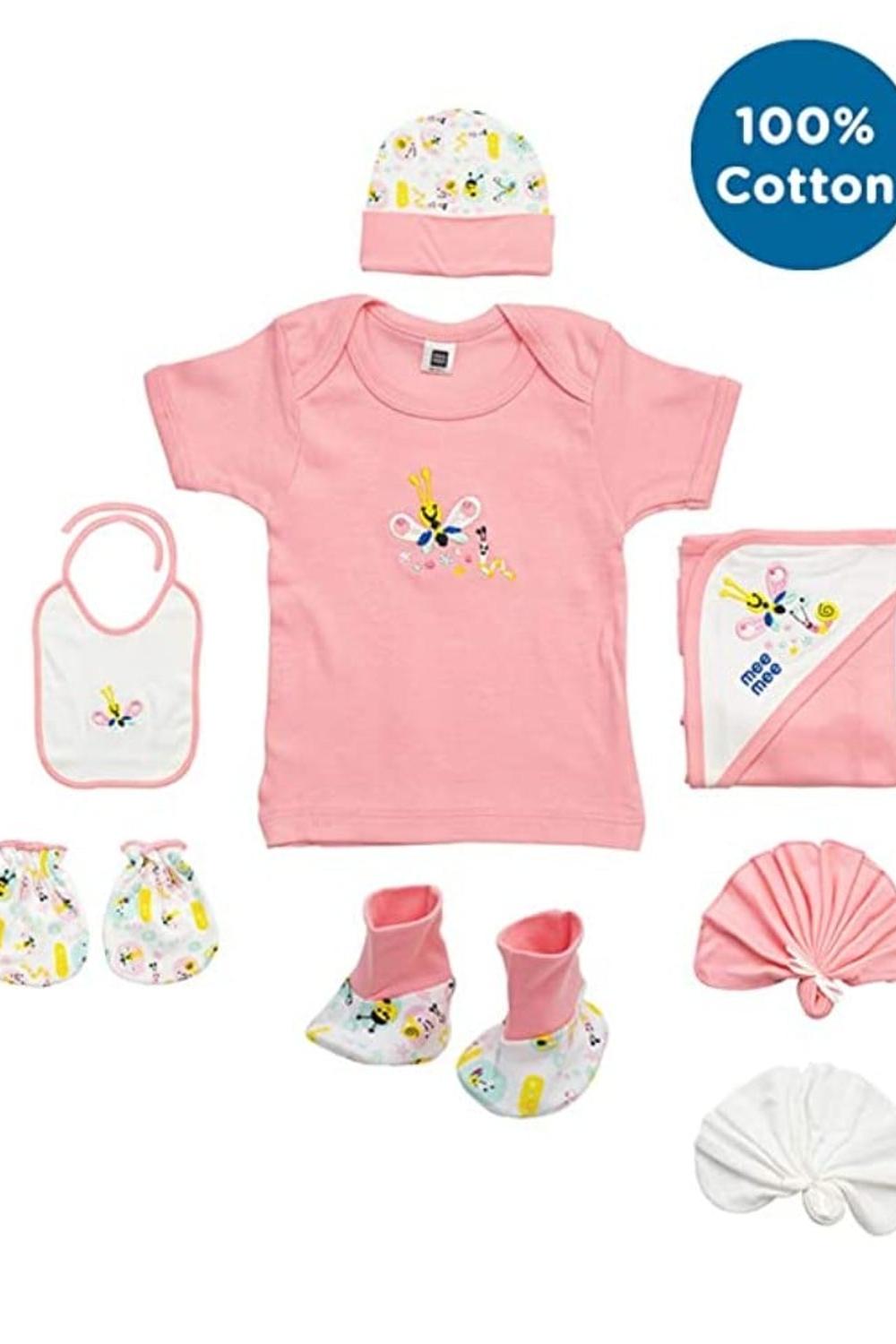 Mee Mee Soft Cotton New Born Baby Gift Clothes Set for Baby Boys, Baby Girls (9 Pieces, Pink)